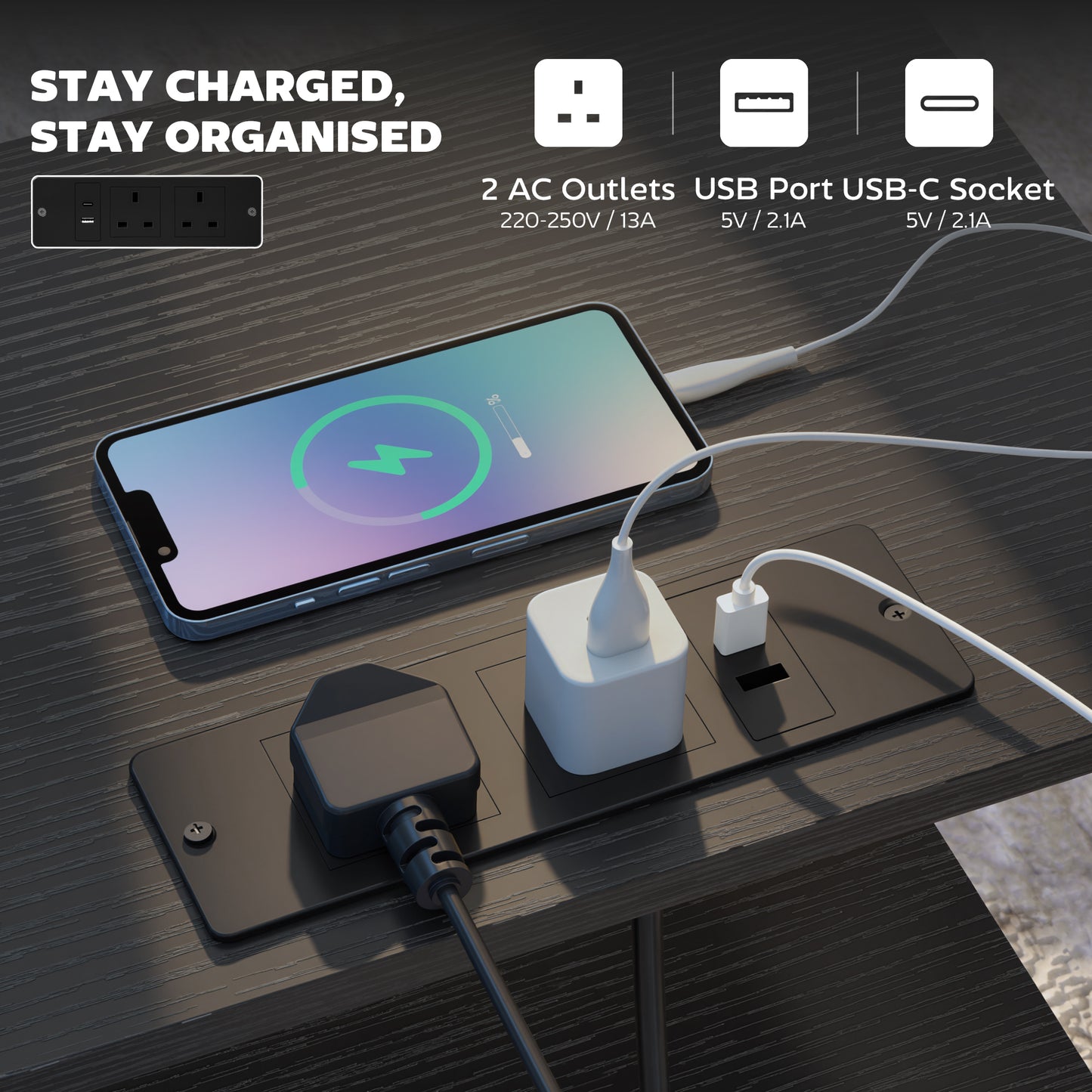 Bedside Table with Charging Station - Black