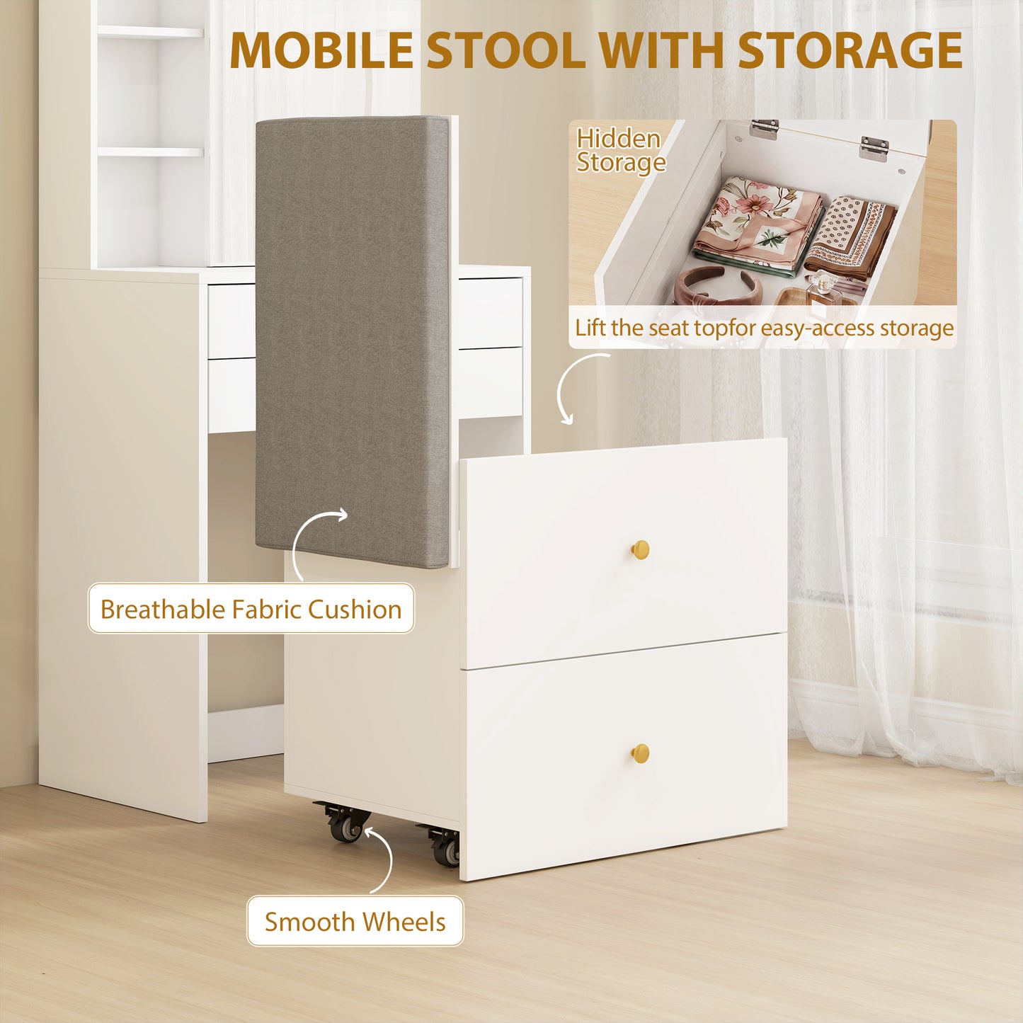 Dressing Table with Mirror and Mobile Storage Stool, Compact Vanity Table with Cabinet, Drawers, Open Shelves, White