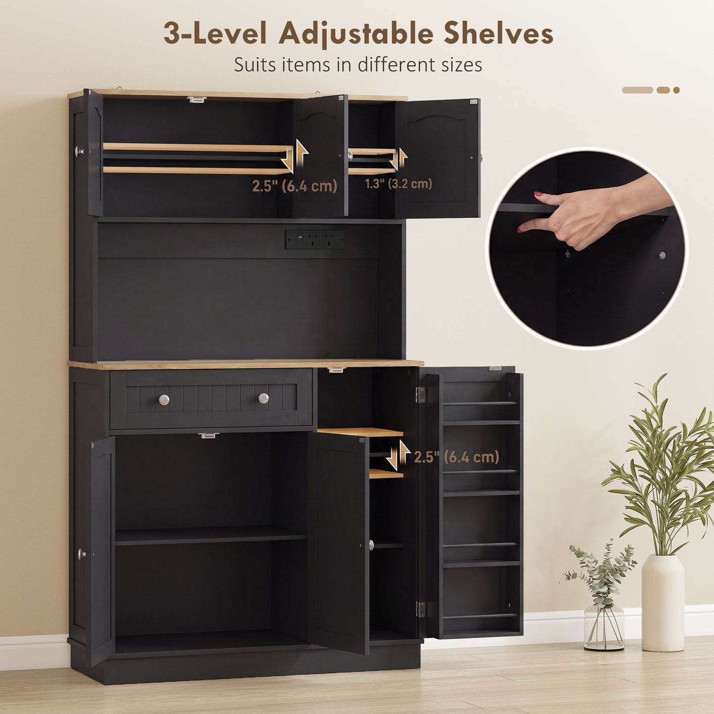 173 cm Tall Kitchen Cupboard with Charging Station, Pantry Storage Cabinet with Adjustable Shelves and 4 Door Racks