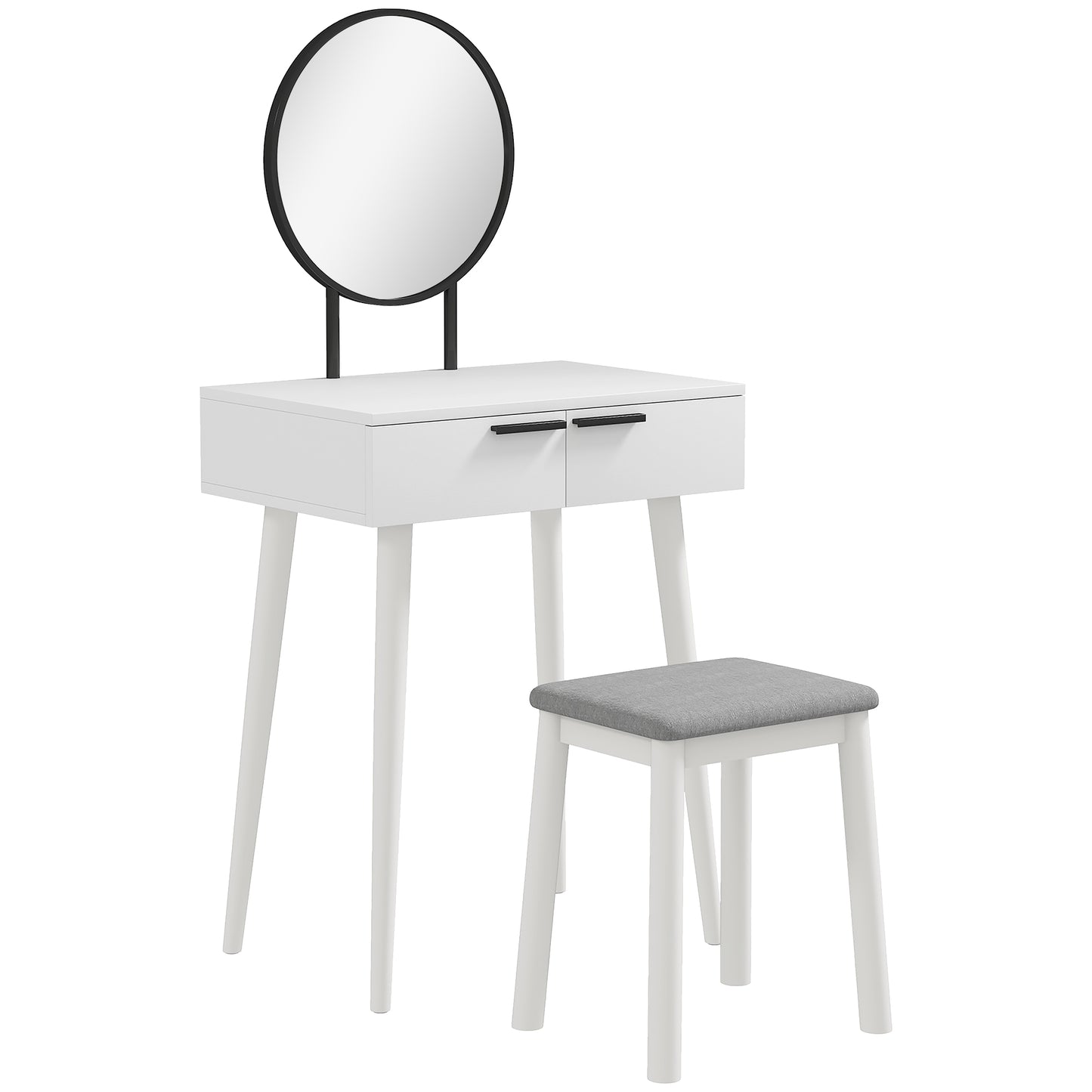 Modern Dressing Table with Round Mirror and Stool, Makeup Vanity Table with 2 Drawers for Bedroom, Living Room