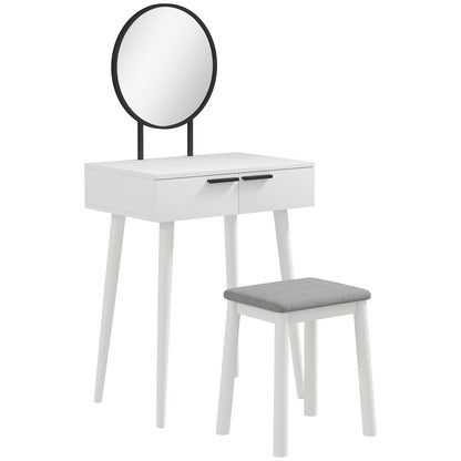 Modern Dressing Table with Round Mirror and Stool, Makeup Vanity Table with 2 Drawers for Bedroom, Living Room