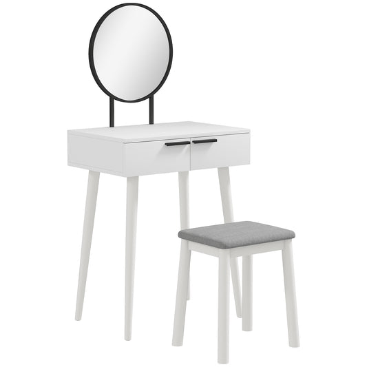 Modern Dressing Table with Round Mirror and Stool, Makeup Vanity Table with 2 Drawers for Bedroom, Living Room