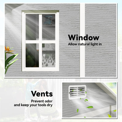 6 x 6ft Garden Shed with Floor, Window, Lockable Doors and Vents, Wood Effect Resin Tool Shed for Outdoor Patio, Grey