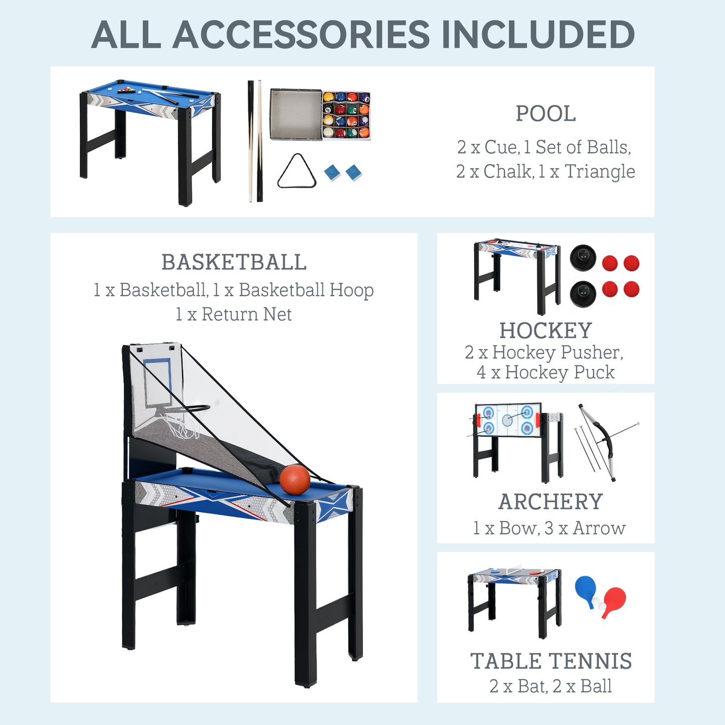 5-in-1 Multi Games Table, with Pool, Table Tennis, Basketball, Hockey, Archery, Blue