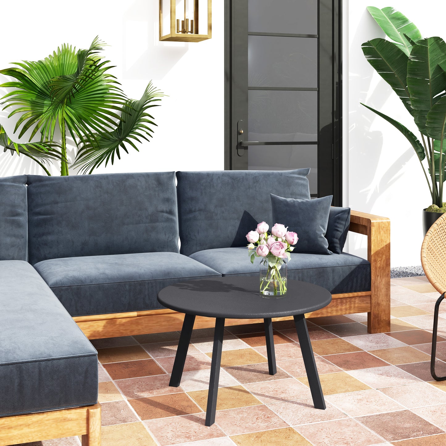 70cm Round Coffee Table, Outdoor Garden Table with Non-Slip Foot Pads and Metal Frame for Garden, Terrace, Balcony