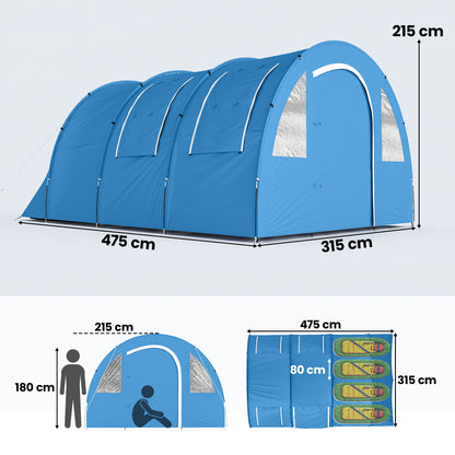 4 Man Camping Tent with 2 Room, Floor and Carry Bag - Blue