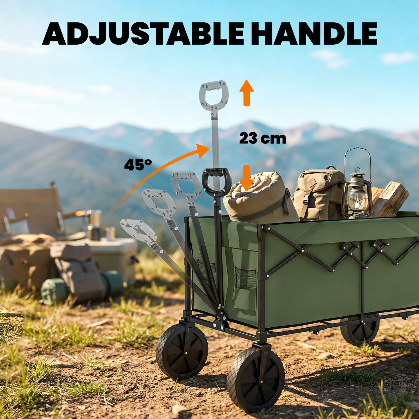 95L Foldable Festival Trolley on Wheels, Collapsible Wagon Cart with Adjustable Handle and 2 Cup Holders, Dark Green