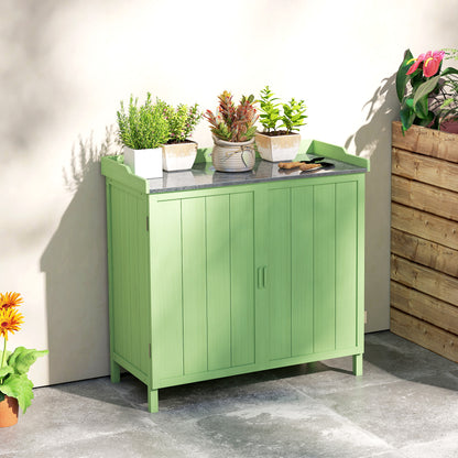 Wood Garden Storage Cabinet, Outdoor Tool Shed, Potting Bench Table with galvanised Top and Two Shelves for garden Tools or P