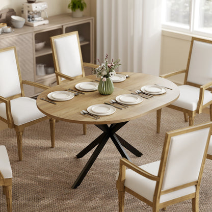 Extendable Dining Table for 4-6, Industrial Kitchen Dinner Table with Butterfly Leaf and X-Shape Base, Natural Wood
