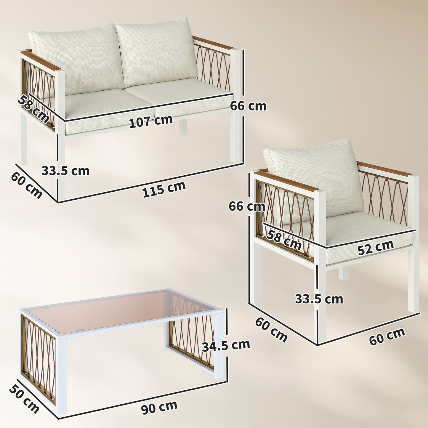 4 Piece Rattan Garden Furniture Set with Loveseat, 2 Armchairs, Cream White