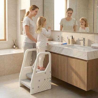 Adjustable 3 Step Toddler Tower with Handles, Non-slip Surface and Foot Pads, Grey
