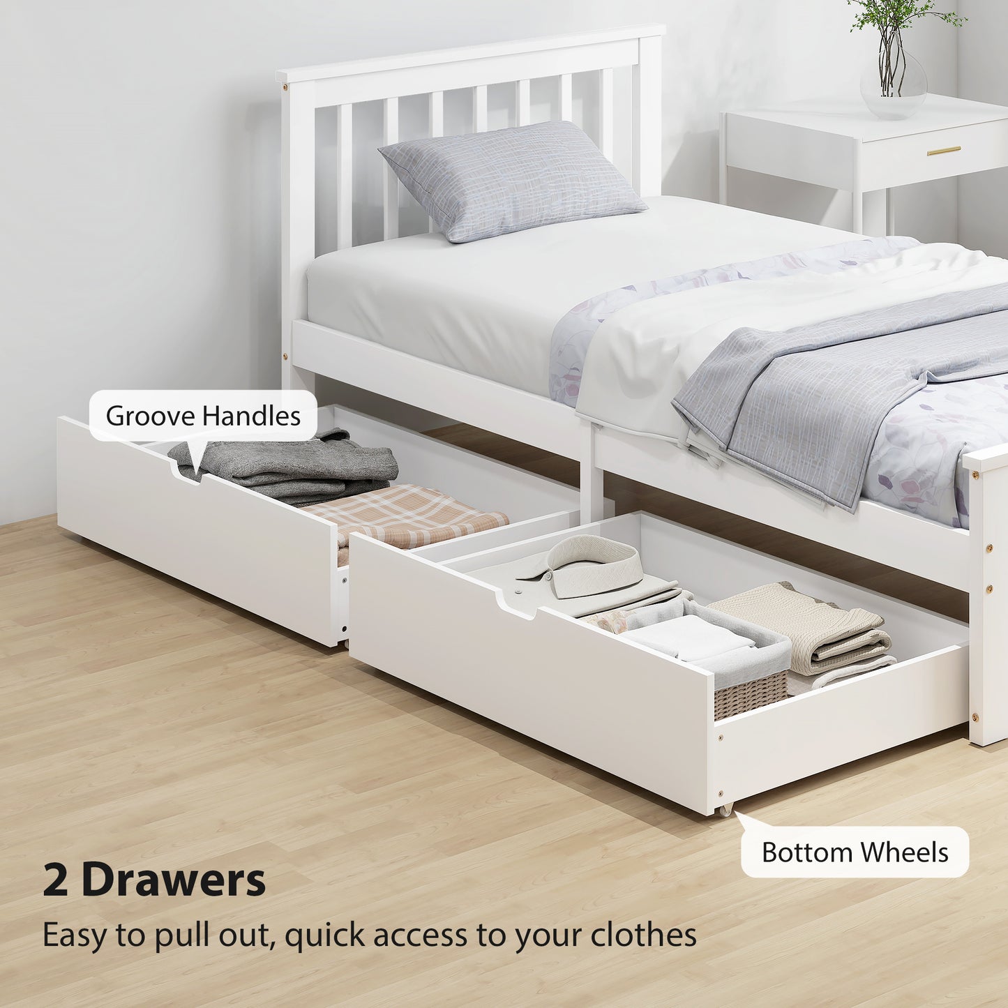 Wooden Single Bed Frame, with Drawers - White