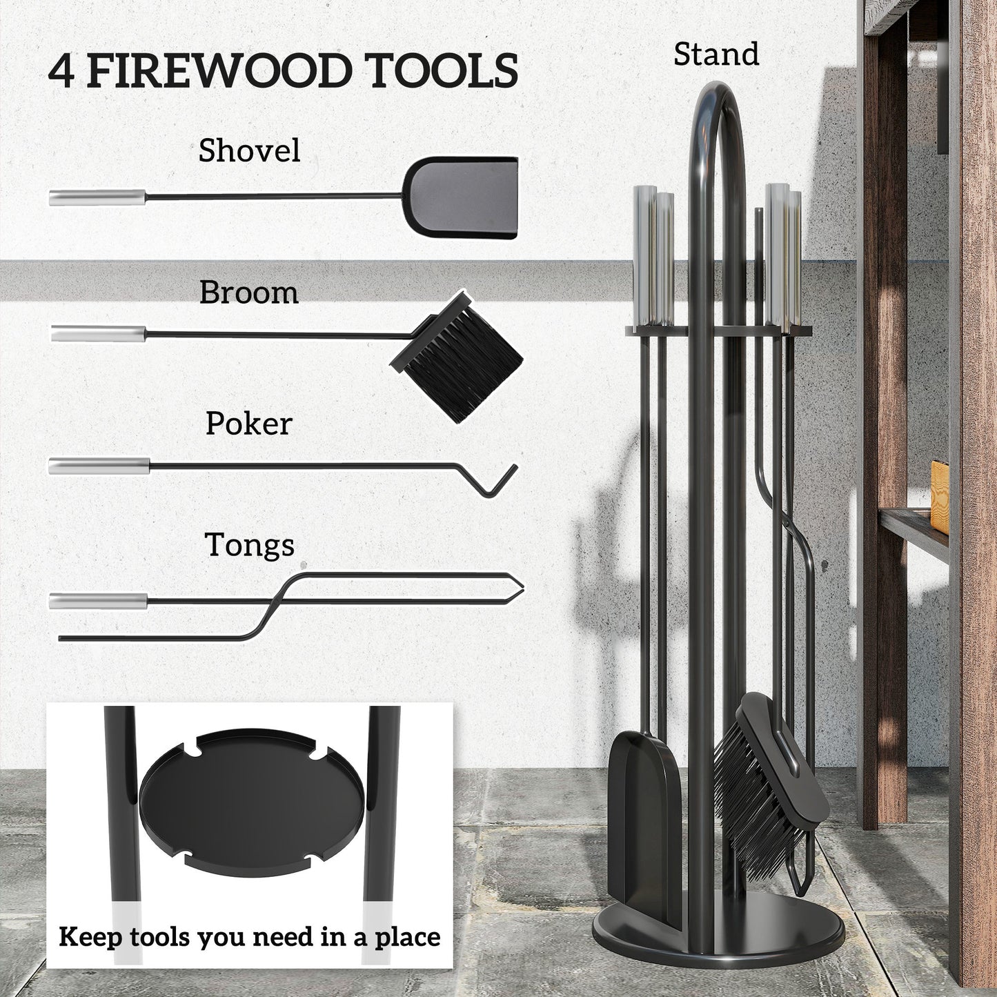 5 Pieces Fireplace Tools Set, Metal Fireplace Accessories Fireside Companion Set with Broom, Shovel, Poker and Bucket, Silver