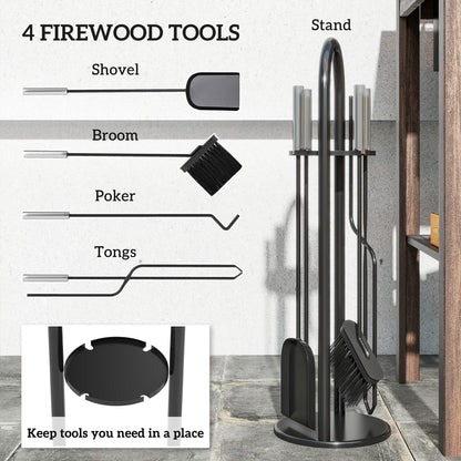 5 Pieces Fireplace Tools Set, Metal Fireplace Accessories Fireside Companion Set with Broom, Shovel, Poker and Bucket, Silver
