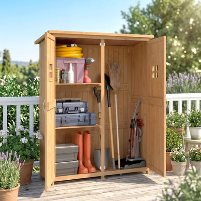 Wooden Garden Shed with Two Windows, Tool Storage Cabinet, Outdoor Double Door Organizer 127.5L x 50W x 164H cm, Natural