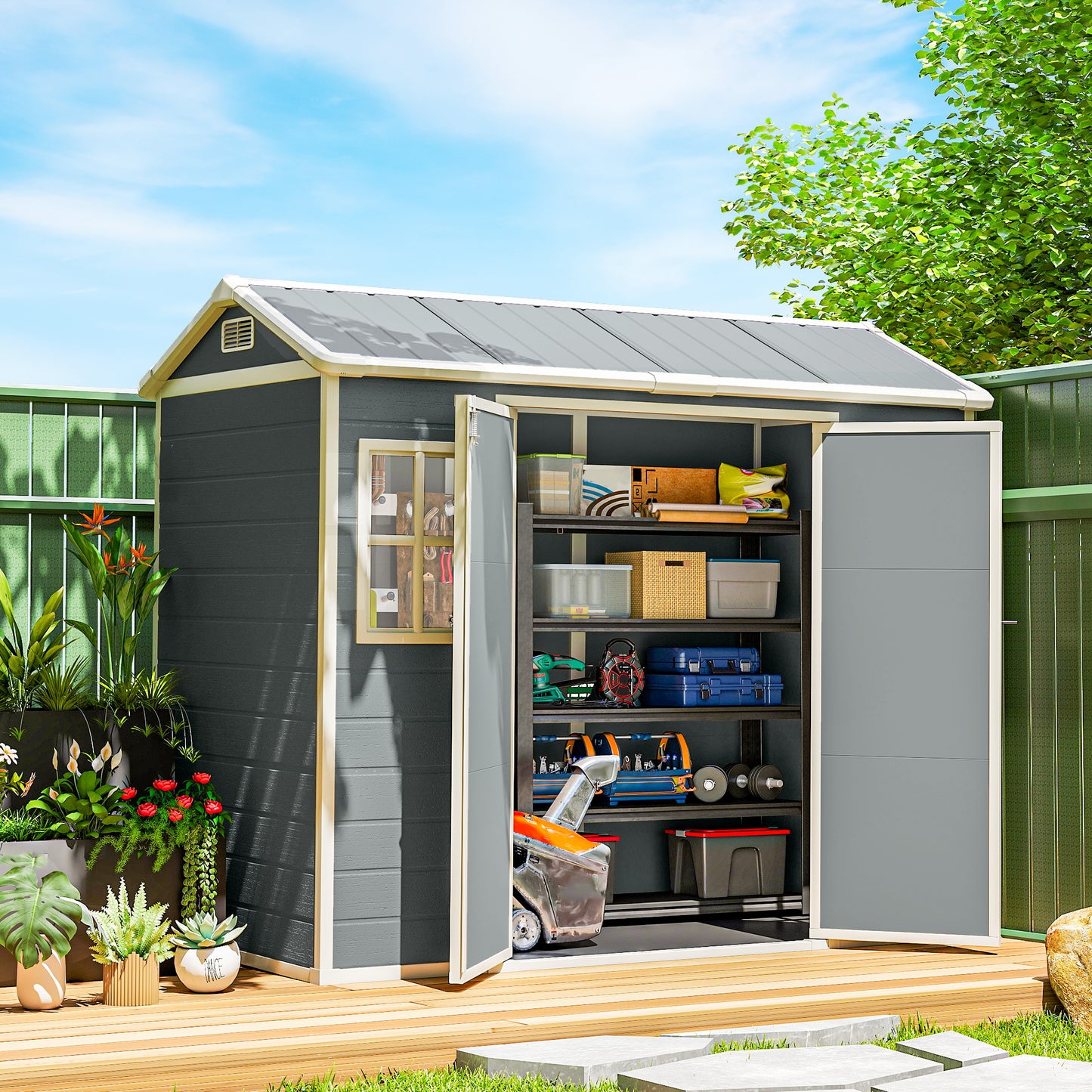 8 x 4 ft Plastic Garden Shed, Wood-Effect Outdoor Storage Shed with Floor, Windows, Lockable Doors and Vents, Light Grey
