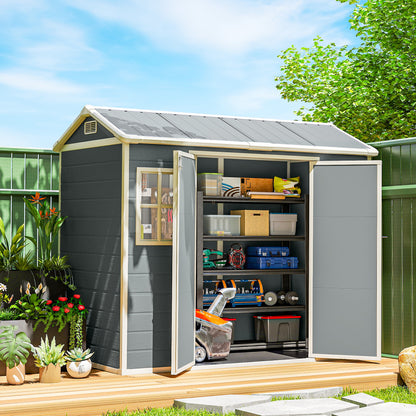 8 x 4 ft Plastic Garden Shed, Wood-Effect Outdoor Storage Shed with Floor, Windows, Lockable Doors and Vents, Light Grey