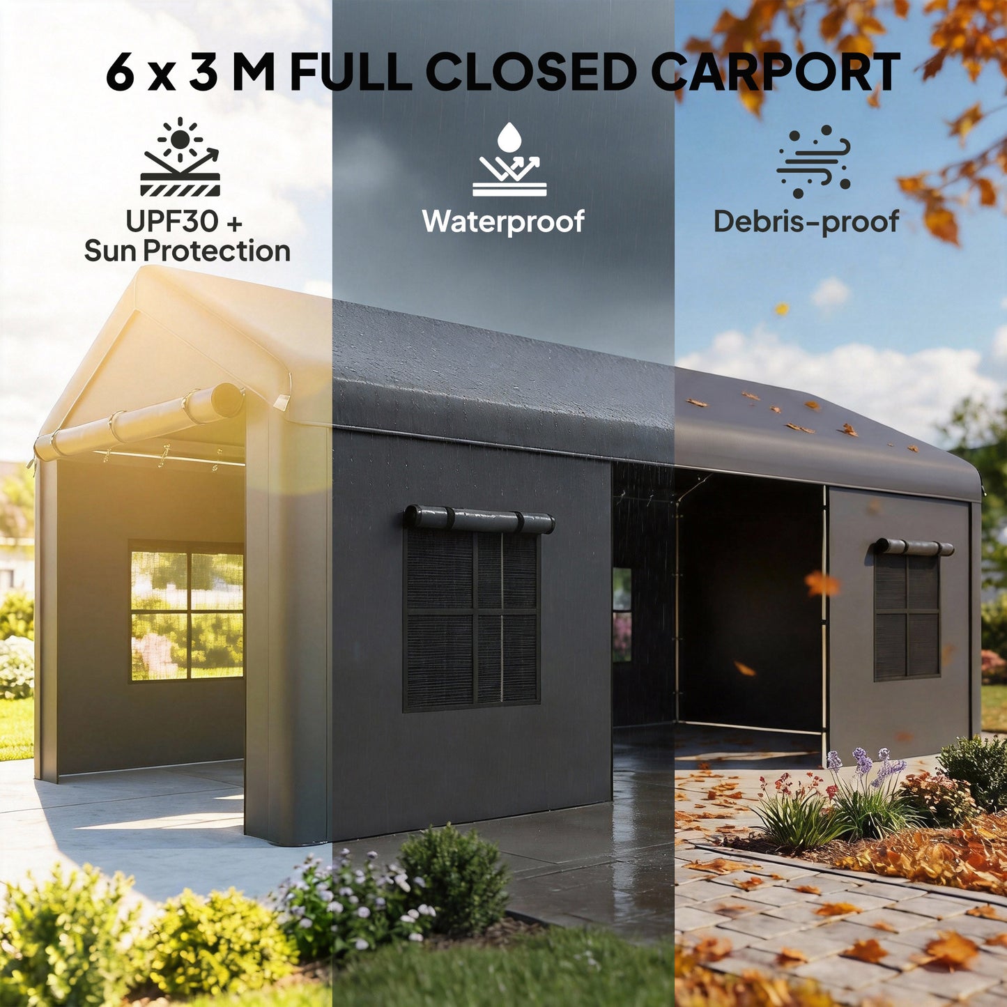 3 x 6 m Heavy Duty Carport, Portable Garage Car Canopy Tent with Galvanised Frame, Doors, Windows, Dark Grey