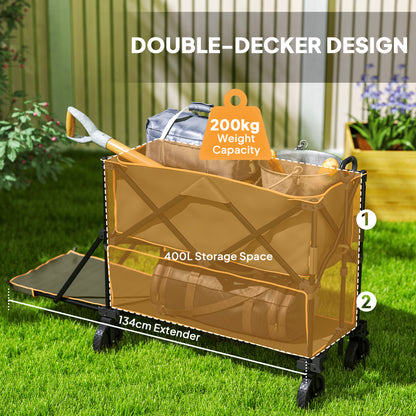Double Decker Folding Festival Trolley on Wheels, 200KG & 350L Capacity Collapsible Wagon Festival Trolley Cart