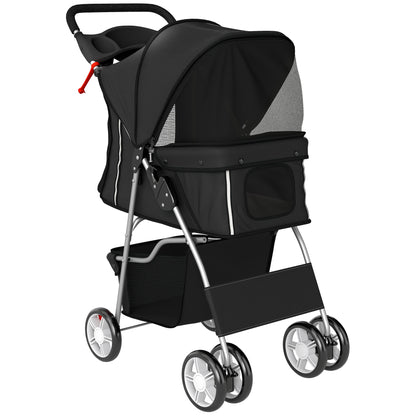 Dog Pram, Pet Stroller with Reflective Strips, Foldable Cat Stroller with 360° Swivel Wheels, Black