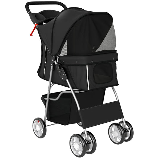 Dog Pram, Pet Stroller with Reflective Strips, Foldable Cat Stroller with 360° Swivel Wheels, Black