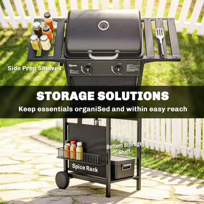Gas Burner Barbecue Grill, 2 Burner Gas Grill with Side Tables, Warming Rack, Shelf, Thermometer, Grease Tray, Black