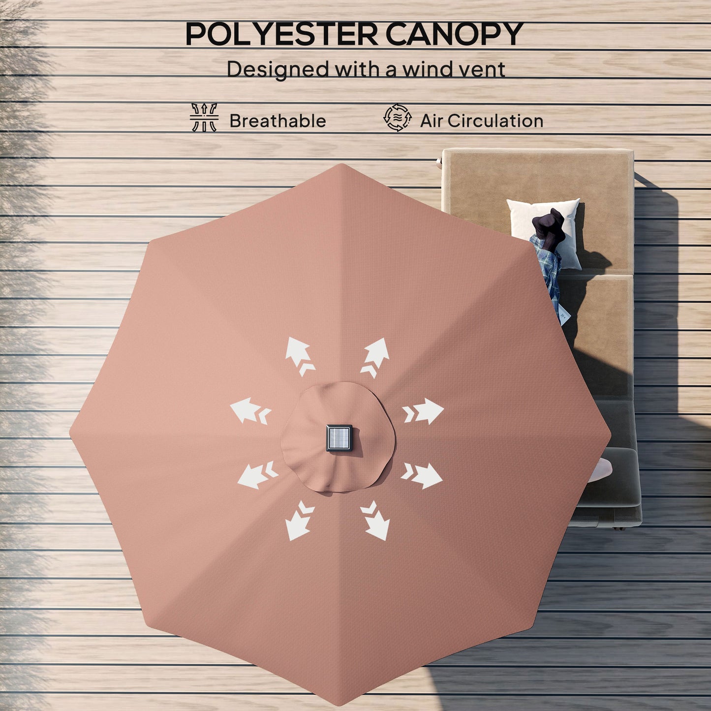 Φ2.7m Garden 24 LED Light Parasol Solar Outdoor Tilt Sun Umbrella Patio Club Party Event Manual Sun Shade w/ Hand Crank and 8