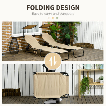 2 Piece Folding Sun Loungers with Canopy, Adjustable Recliner Garden Chairs with Side Pocket