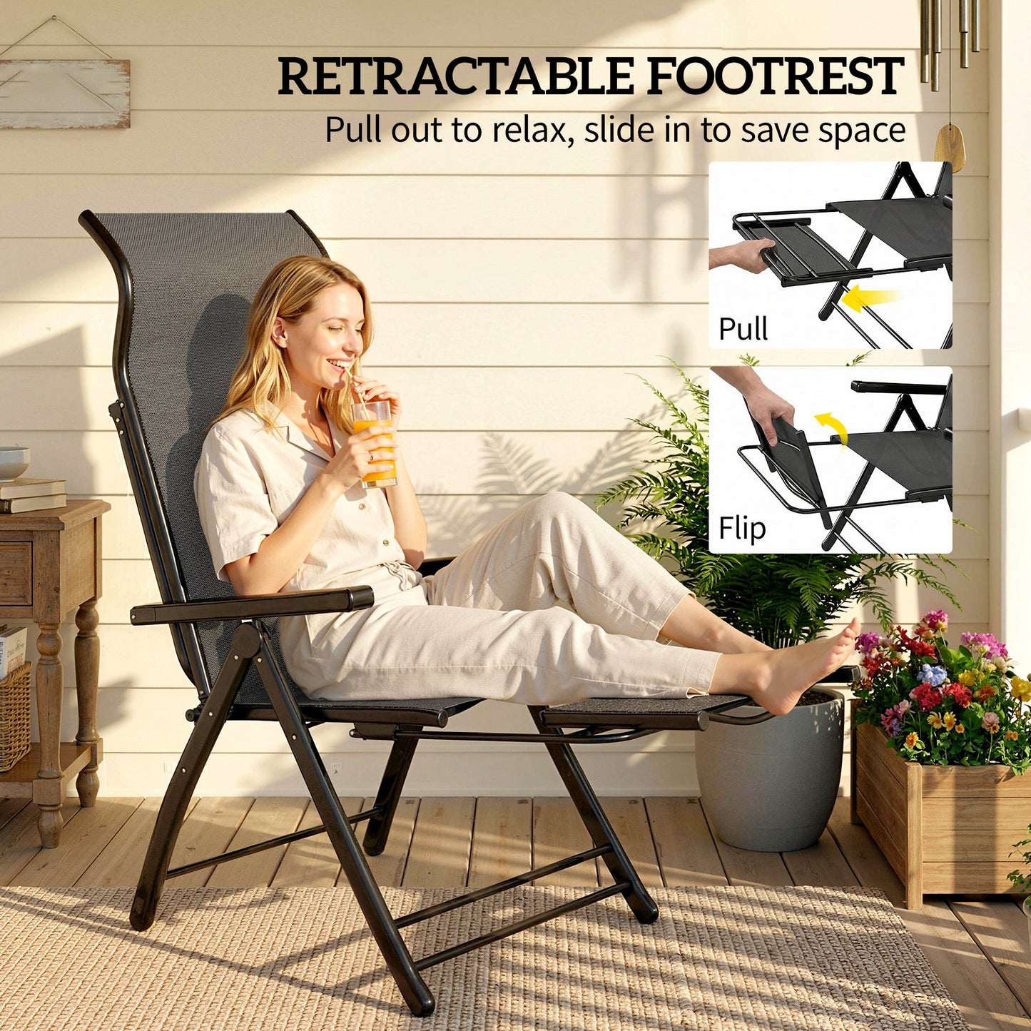Reclining Garden Chairs Set of 2 with High Back, Retractable Footrest, Dark Grey