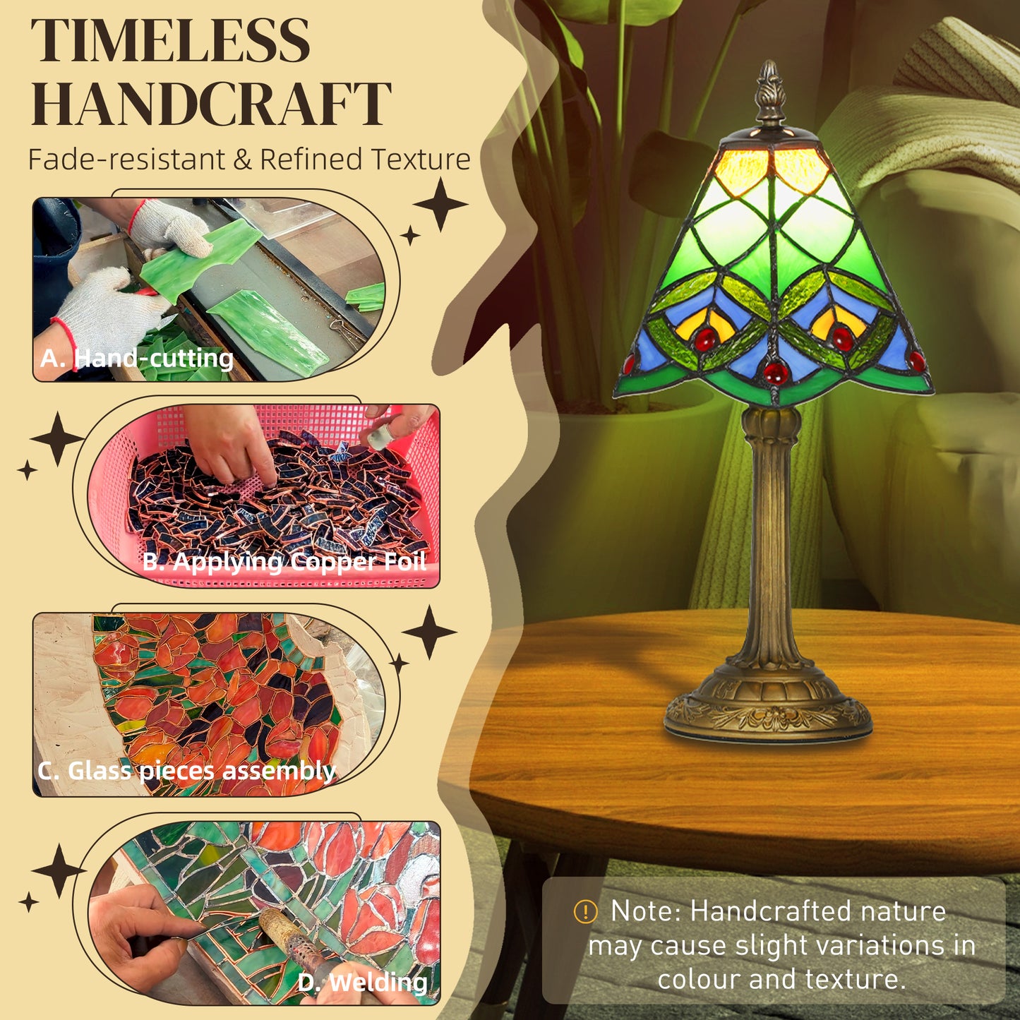 Tiffany-Style Table Lamp with Geometric Patterns, Handcrafted Antique Stained Glass Bedside Lamp for Living Room and Bedroom