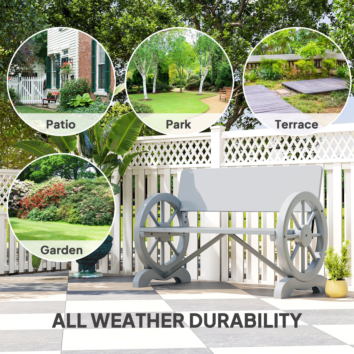 Fir Wood 2-Seater Outdoor Garden Wagon Wheel Bench, Grey