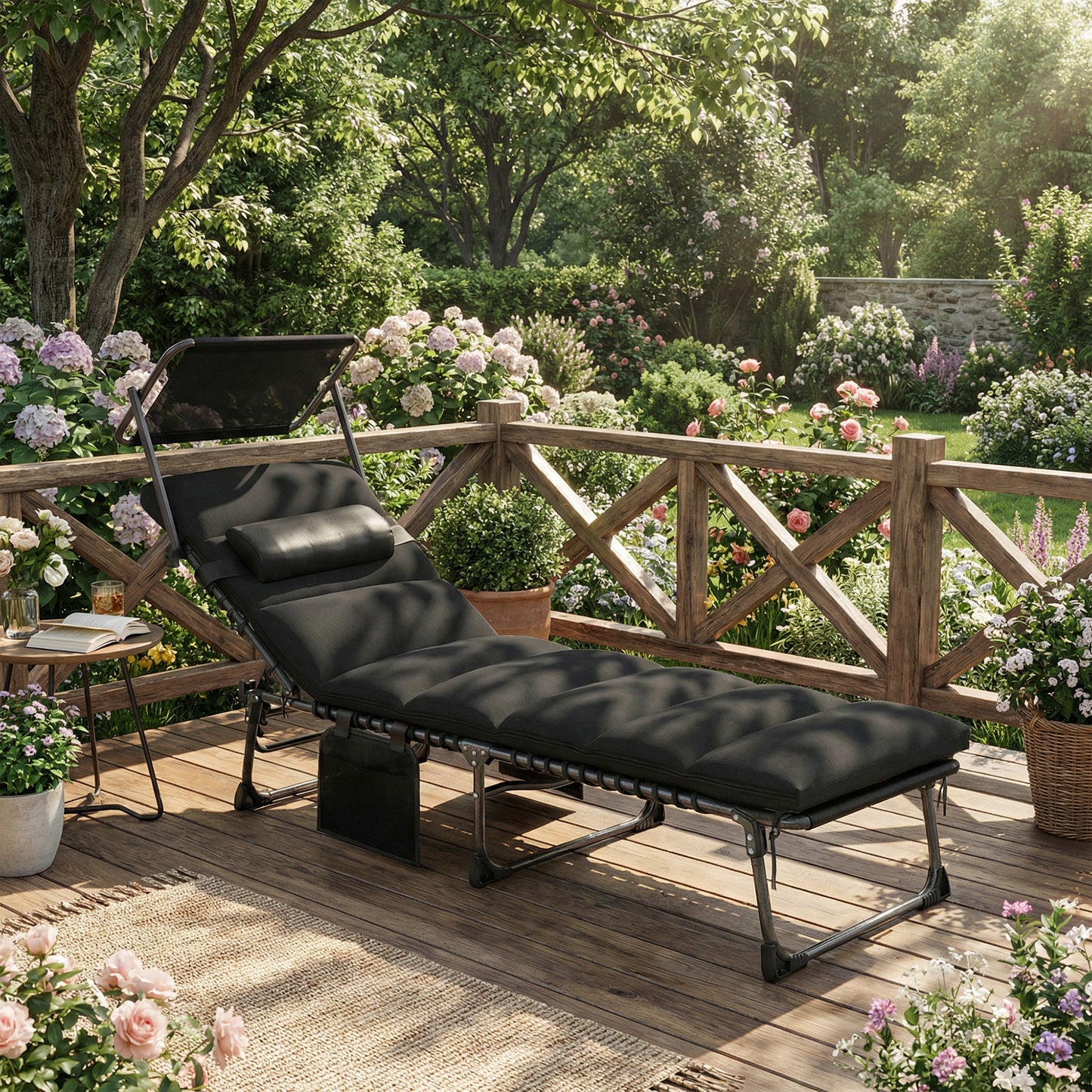 Folding Sun Lounger with Canopy, Reclining Sunbed with Cushion, Side Pocket, Carrying Handle, Black