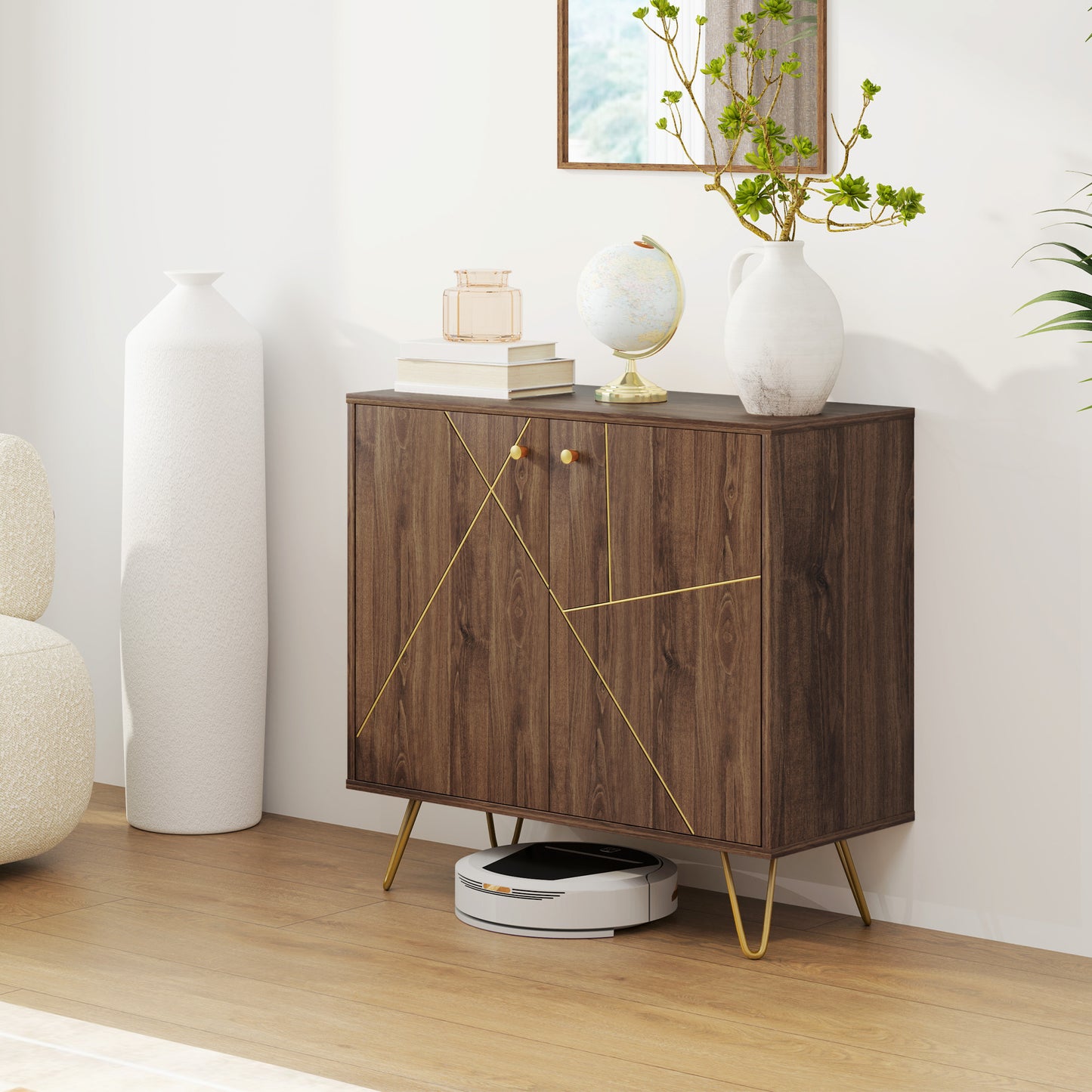 Sideboard Storage Cabinet with Golden Lines, Modern Luxury Living Room Cabinet with Adjustable Shelf, Steel Harpin Legs