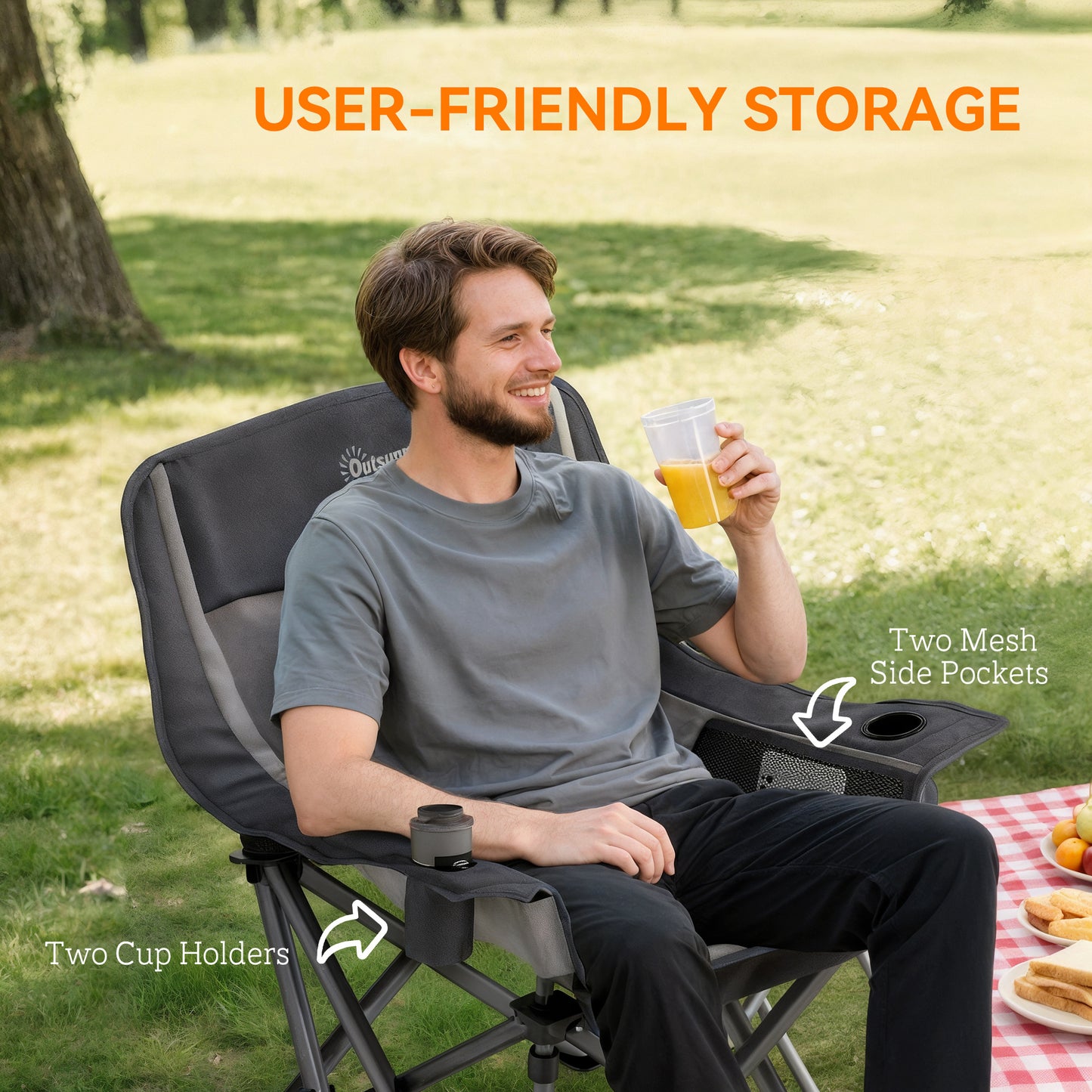 Portable Padded Camping Chair, with Bag - Black/Grey
