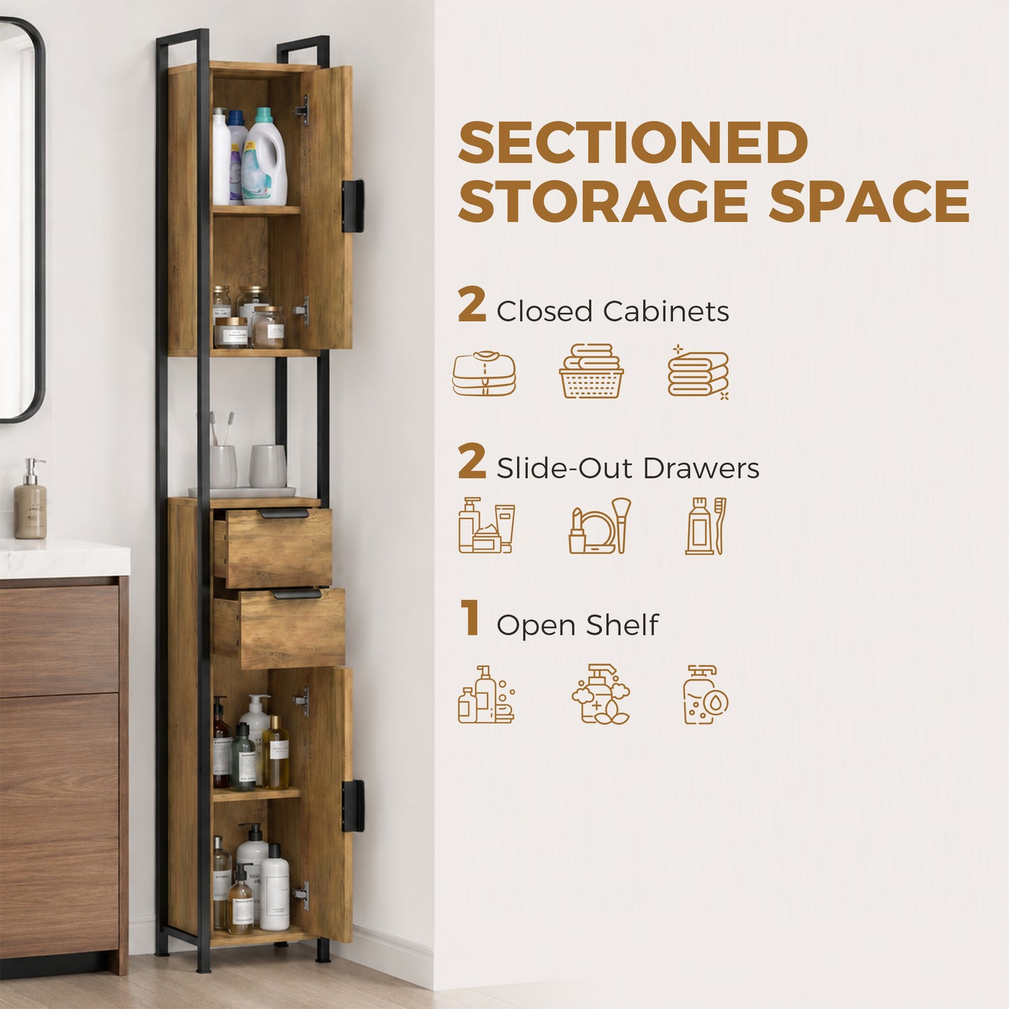 Freestanding Bathroom Cabinet, Tall Bathroom Storage Cabinet with Drawers and Shelves, Linen Storage, Brown
