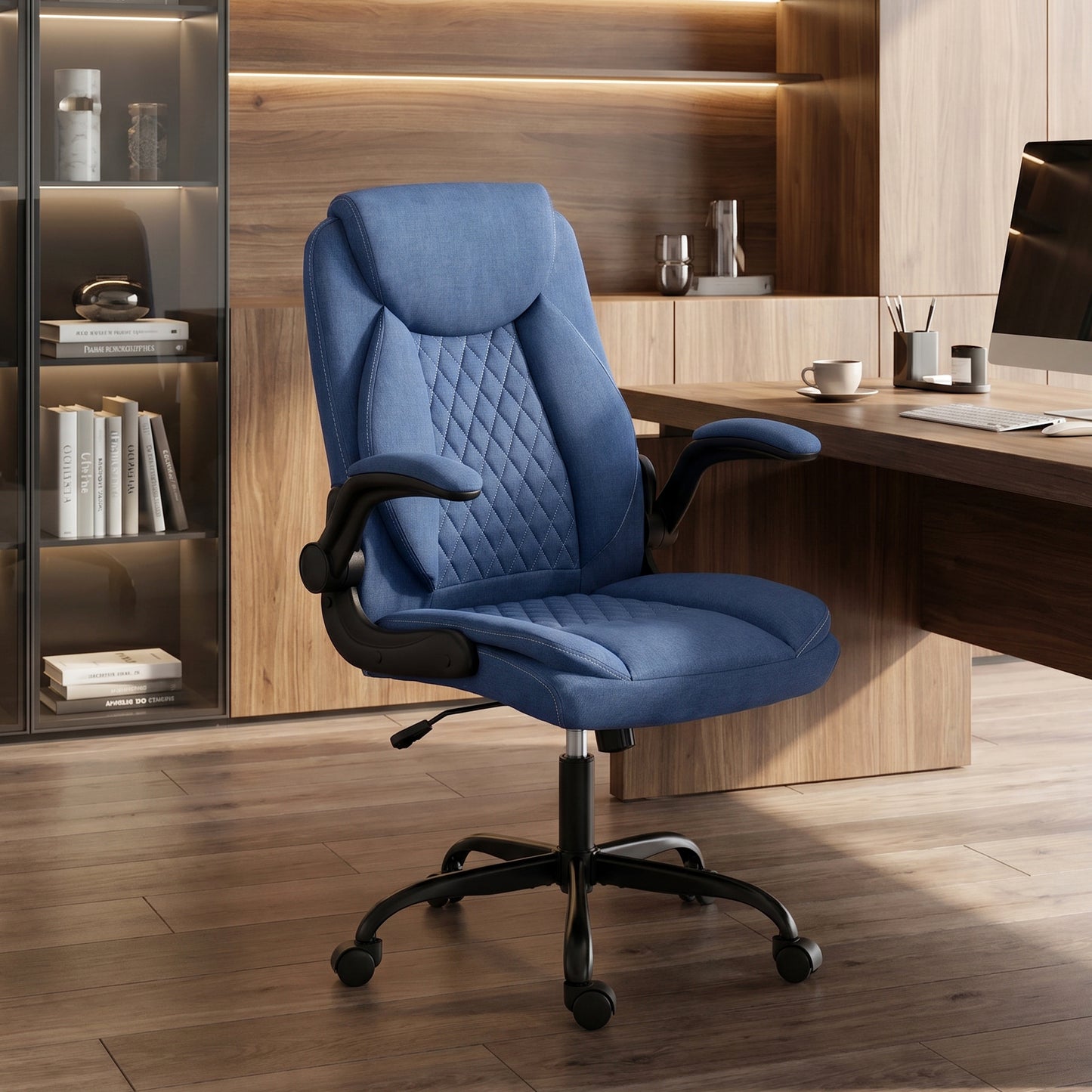 Linen-Look Computer Desk Chair, Executive Office Chair with Flip-Up Armrests and Thick Cushion, Blue