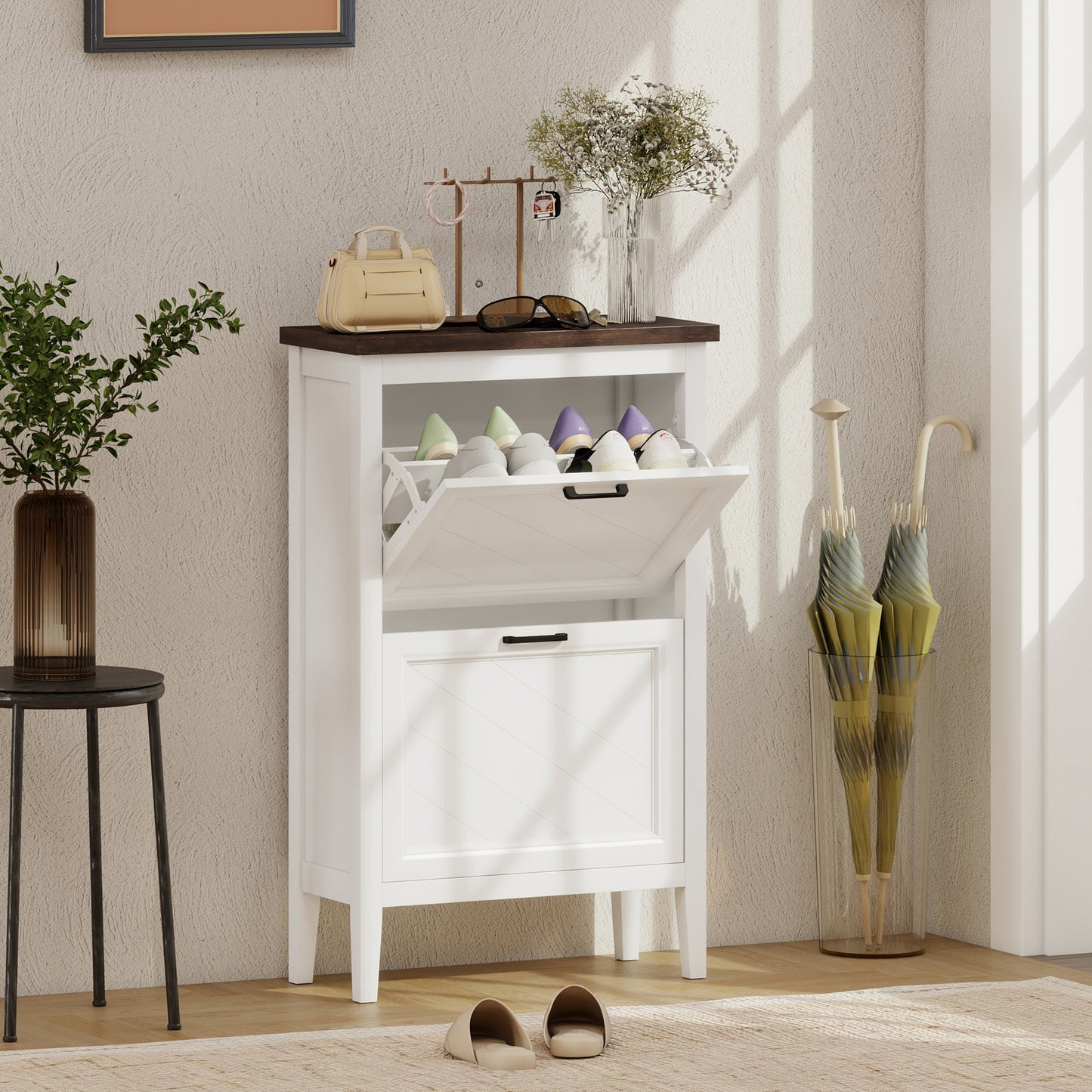 Shoe Cabinet with 2 Flip Drawers, Farmhouse Narrow Shoe Storage Cabinet with Adjustable Shelves, White