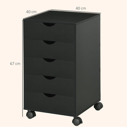 5 Drawer Mobile Filing Cabinet, Vertical File Cabinet, Modern Rolling Office Storage Organizer Cupboard, Black