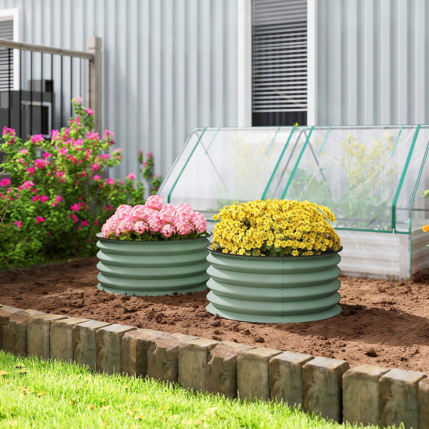 Set of 2 Raised Garden Bed, Metal Planter Box with Safety Edging, Easy-to-assemble Stock Tank, Green