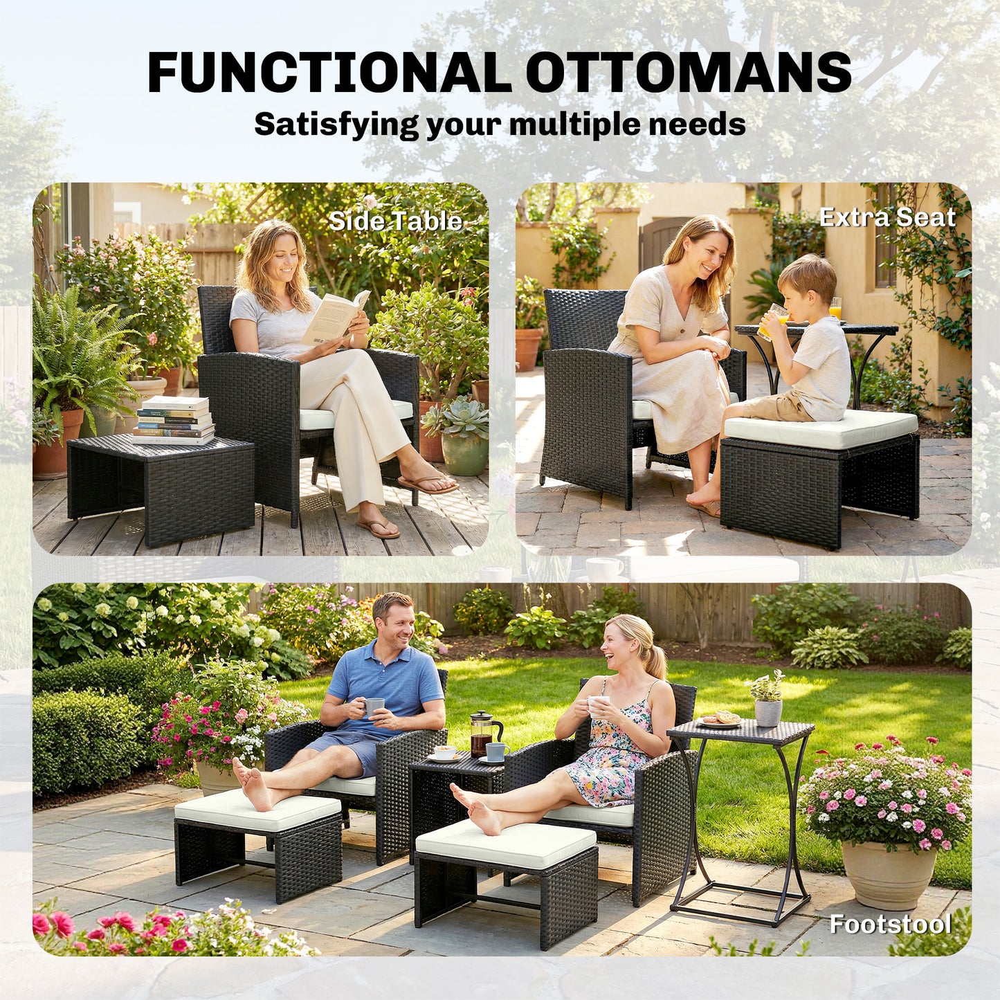 6 Piece Rattan Garden Furniture, Space-Saving Patio Furniture Set with Nesting Tables, Chairs, Stools, Cushions, Black