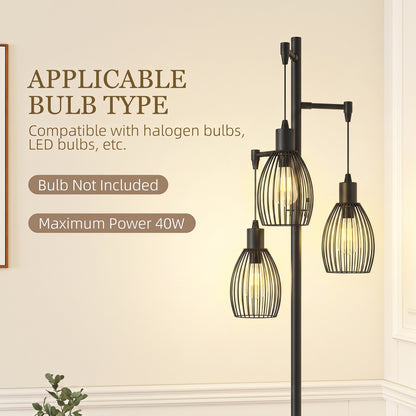 3-Light Floor Lamp, 170cm Industrial Dimmable Standing Lamp with Steel Wire Cage Lampshades for Living Room, Bedroom