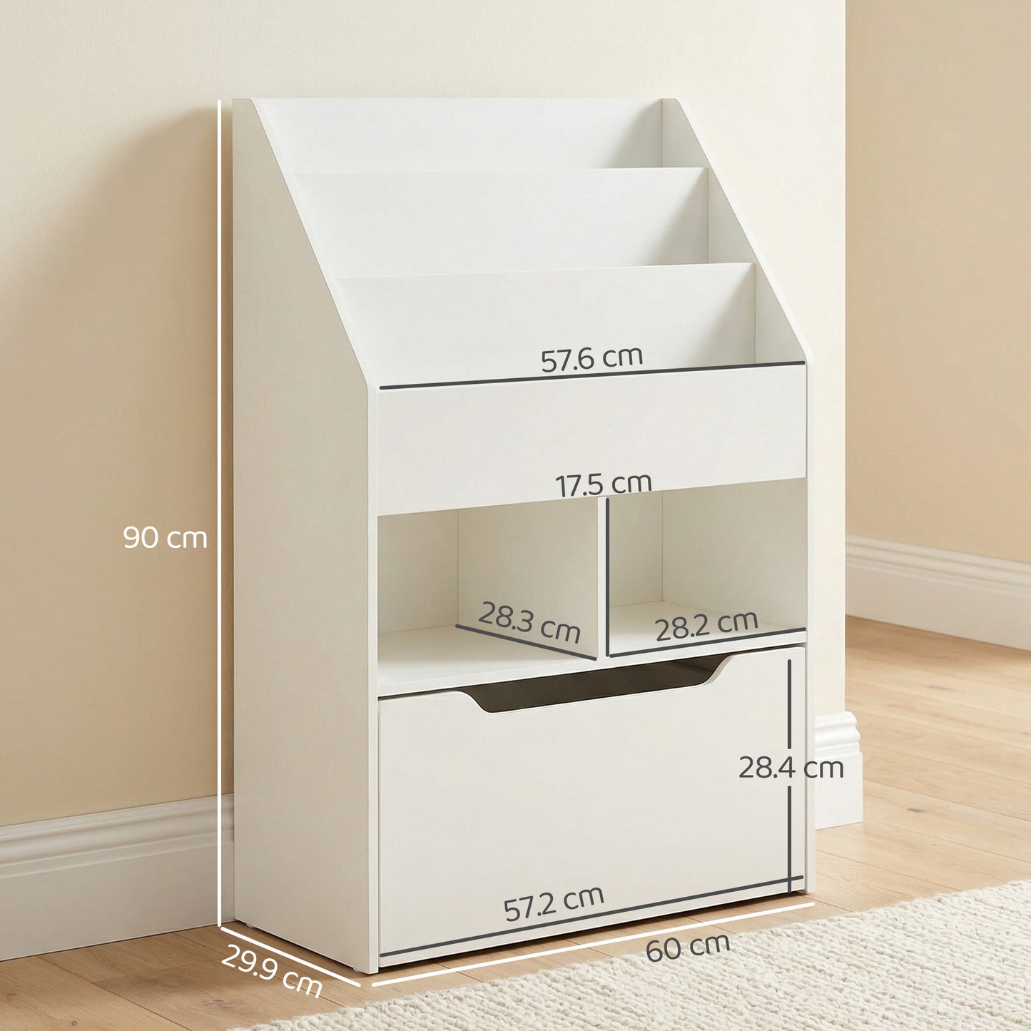 Kids Bookshelf, Toy Organiser, with Storage Drawer, Wheels - White