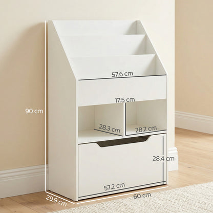 Kids Bookshelf, Toy Organiser, with Storage Drawer, Wheels - White