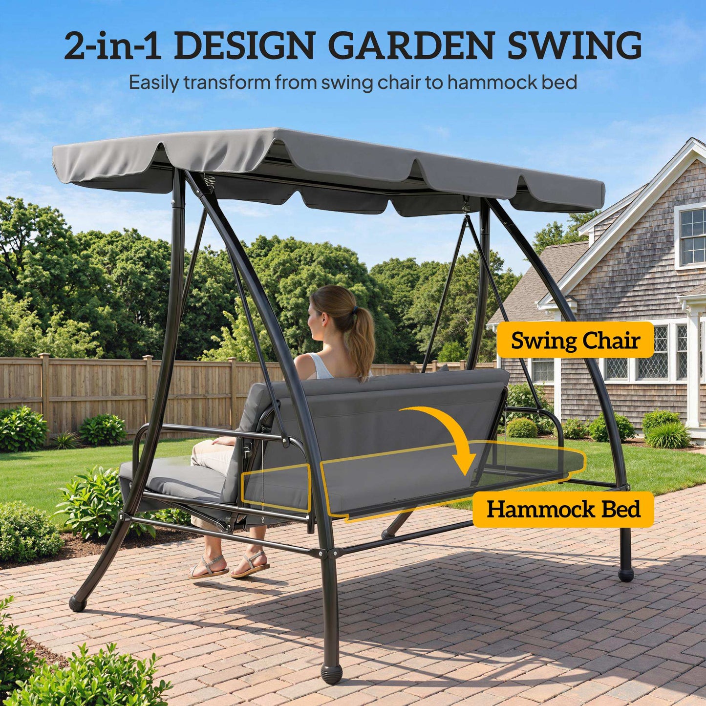 Outdoor 2-in-1 Swing Chair Lounger 3 Seater Garden Swing Seat Bed Convertible Tilt Canopy W/ Cushion, Light Grey