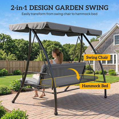 Outdoor 2-in-1 Swing Chair Lounger 3 Seater Garden Swing Seat Bed Convertible Tilt Canopy W/ Cushion, Light Grey