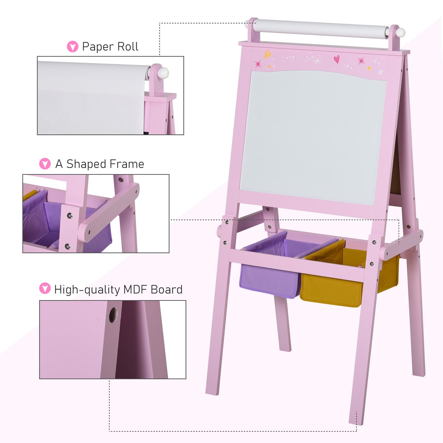 Kids Easel 3 in 1 Wooden Art Easel with Paper Roll Double-Sided Chalkboard & Whiteboard with Storage Baskets for Toddler Girl
