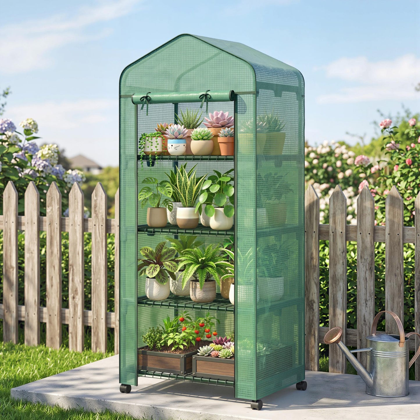 4 Tier Mini Portable Greenhouse Compact Plant Grow Shed Metal Frame PE Cover with Lockable Rolling Wheels , Green