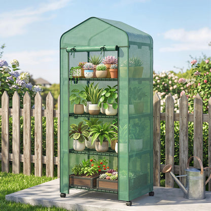 4 Tier Mini Portable Greenhouse Compact Plant Grow Shed Metal Frame PE Cover with Lockable Rolling Wheels , Green