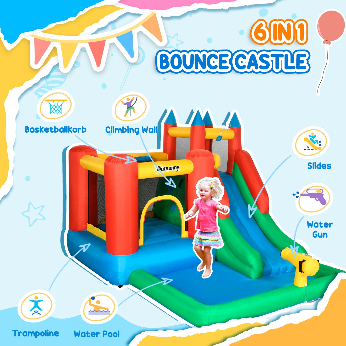 Kids Inflatable Bouncy Castle Water Slide 5 in 1 Bounce House Jumping Castle Water Pool Gun Climbing Wall