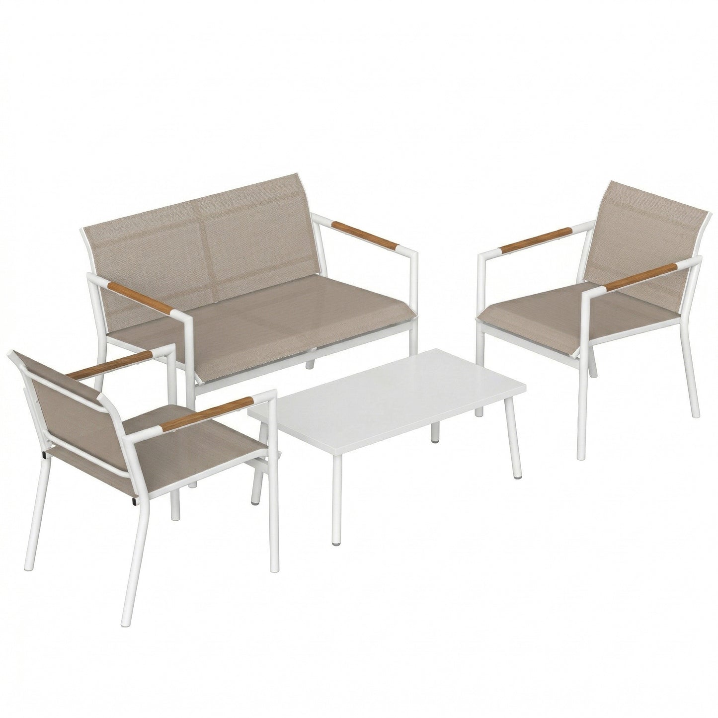 4 Seater Garden Furniture Set with Loveseat, Armchairs, Table, Metal Garden Sofa Set with Breathable Seats, Khaki